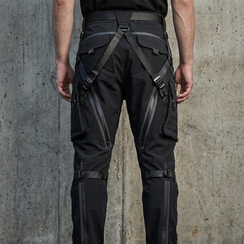 May include: Black tactical trousers featuring multiple utility pockets, integrated adjustable straps, and harness-style webbing. The pants include waterproof-style zippers on the thighs and lower legs, with additional side cargo panels and buckle closures.