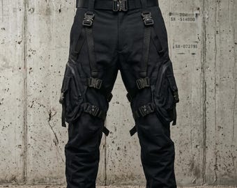 Premium Men's Tactical Techwear Cargo Pants - Obsidian Black | Multi-Strap Utility Trousers with Metal Cobra Buckles & Waterproof Zippers