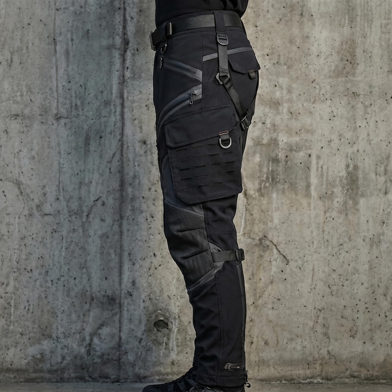 May include: Black tactical cargo pants featuring multiple zippered pockets, a large side pocket with a MOLLE-style webbing grid, adjustable straps with metal D-rings, reinforced knee panels, and a belt with a buckle closure at the waist.