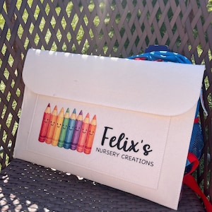May include: A cream-coloured felt envelope-style case with a flap closure. The case features a row of smiling, colourful pencil illustrations and the text "Felix's Nursery Creations" in black script. A blue backpack is visible behind the case.