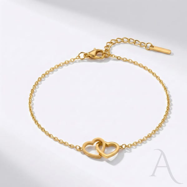 Gold Heart Bracelet, Double Heart Motif, Open Heart Chain Bracelet, Dainty Minimalist Bracelet, Valentines Day Gift, Gift for Girlfriend