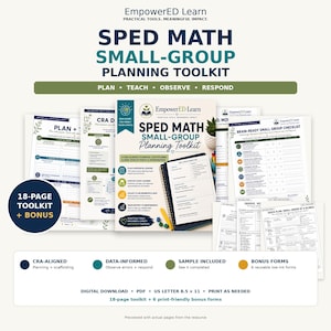Puede incluir: Un kit de herramientas de planificación matemática para grupos pequeños SPED de 18 páginas en formato PDF digital. Incluye páginas imprimibles de 8.5 x 11 pulgadas, formularios de planificación alineados con CRA, hojas de observación y 6 formularios adicionales.