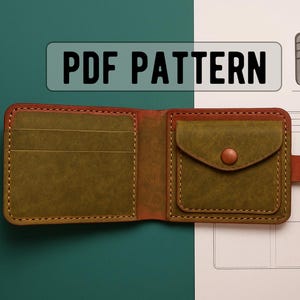 以下が含まれることがあります： オリーブグリーンとブラウンの手作りレザーウォレット。スナップ留めと複数のカードスロットが付いています。画像にはウォレットの図面と「PDF PATTERN」というテキストが含まれています。
