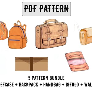 Może przedstawiać: Ilustracja pakietu wzorów PDF zawierającego teczkę, plecak, torebkę, portfel dwukrotnie składany i portfel. Obraz przedstawia pomarańczowe i brązowe torby z niebieskimi akcentami. Wyświetlany jest tekst "PDF PATTERN" i "5 PATTERN BUNDLE".