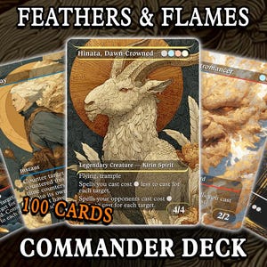 Könnte beinhalten: Ein Commander-Deck mit 100 Karten mit Fantasy-Kunst. Die Karten zeigen Illustrationen von Kreaturen und Zaubersprüchen mit dem Text "FEATHERS & FLAMES" und "COMMANDER DECK".