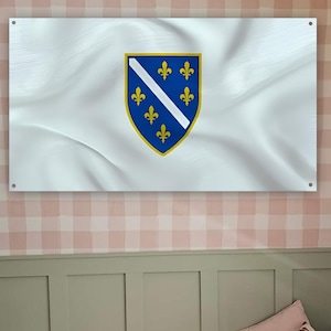 Op de afbeelding: Een witte vlag met het wapen van Bosnië en Herzegovina, met een blauw schild met een witte diagonale streep en gele fleur-de-lis. De vlag is gemonteerd op een muur met een roze en wit geblokt patroon.