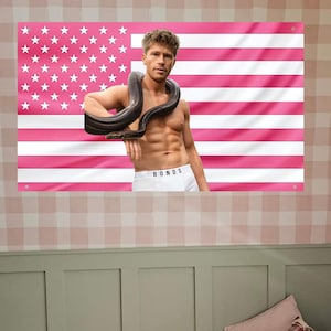 Puede incluir: Una bandera de pared rectangular con una versión rosa y blanca de la bandera estadounidense. En el centro hay una fotografía de una persona sin camisa con una serpiente oscura sobre los hombros, vistiendo ropa interior blanca con el texto BONDS.