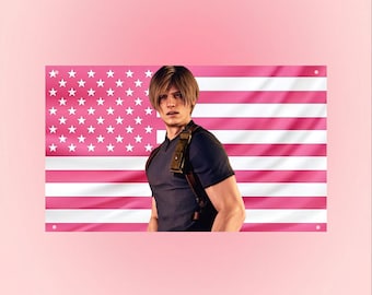 Leon Kennedy Pink American Flag Tapestry – Resident Evil Wall Art | Gaming Room Decor | Survival Horror Fan Flag Banner