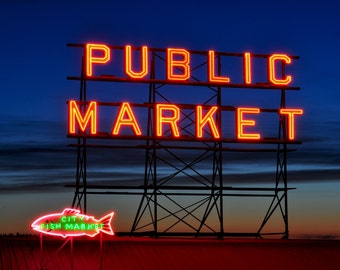 Pike Place Market  Night Sign Photograph 8x10