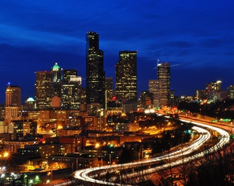 Seattle Skyline at Night Photo 8x10