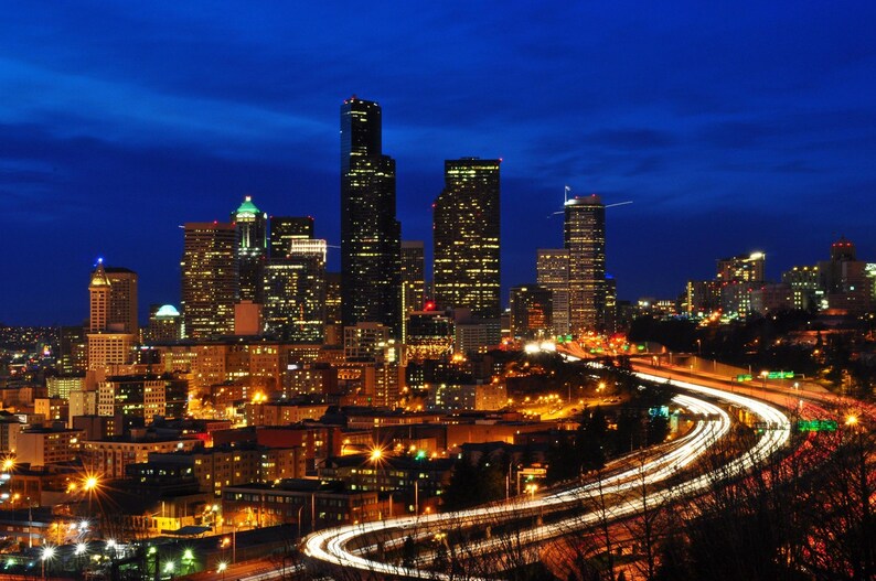 Seattle Skyline at Night Photo 8x10 image 1