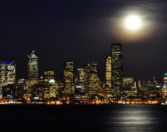 Full Moon Seattle Skyline Photograph 8x10