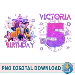 May include: A digital design featuring three animated figures, the text "It's my BIRTHDAY", and the name "Victoria" with a large number "5". The design is in shades of pink, purple, and yellow, with star accents.
