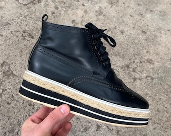 Rare Prada Brogue Platform Sneakers Black Leather Luxury Y2K Avantgarde