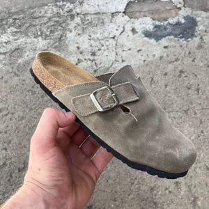 Vintage Birkenstock Boston-stil mocka grå mules sandaler Avantgarde Y2K