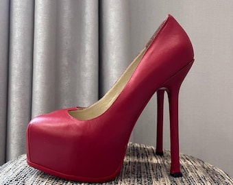 Vintage Yves Saint Laurent Red high Heels Leather Shoes Luxury Avantgarde Y2K
