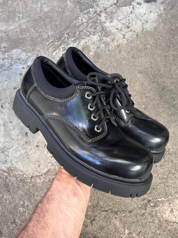 Vintage Skechers Black Patent Leather Platform Boots New Rock Style Combat Biker US 11