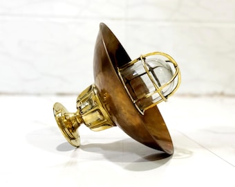 Vintage Brass Bulkhead Ceiling Light with Dome Shade – Nautical Industrial Flush Mount Fixture
