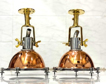 Modern Industrial Pendant Light Pair | Aluminum Brass Copper Hanging Lamp | Minimalist Ceiling Lights