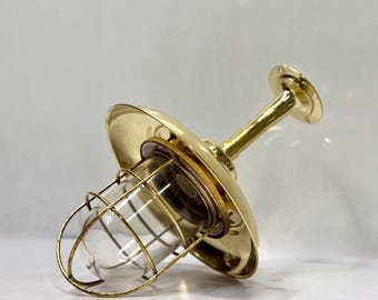 Vintage Brass Nautical Ceiling Light – Marine Bulkhead Cage Flush Mount – Coastal Industrial Lighting