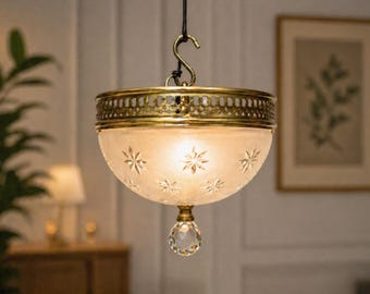 Vintage Art Deco Chandelier 10 PCS Rare Brass Ceiling Fixture with Decorative Glass Shade