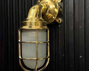 Brass Bulkhead Wall Light Fixture, Nautical Ship Lamp, Industrial Bathroom Sconce, Outdoor Porch Light