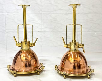 Pair Vintage WISKA Brass Copper Hanging Ceiling Lights | Nautical Decor for Coastal Homes & Cafes