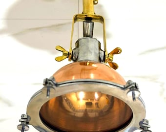 Industrial Pendant Ceiling Light Aluminum Copper Brass, Nautical Vintage Dome Lamp Fixture