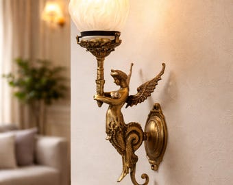 Antique Style Brass & Glass Mermaid Wall Lamp – Art Nouveau Decorative Sconce for Luxury Interiors