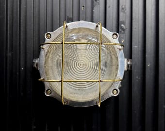 Vintage Russian Industrial Wall Light | Nautical Brass Cage Ship Lamp | Aluminum Bulkhead Light