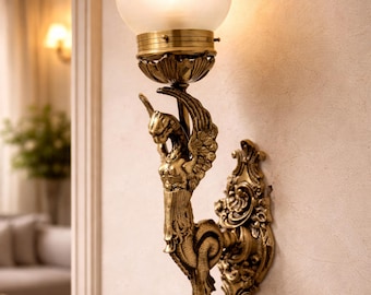 Art Nouveau Brass Mermaid Wall Sconce | Vintage Deco Light | Frosted Star Glass Shade