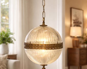 Vintage Art Deco Brass & Cut Crystal Glass Ceiling Light – Elegant Pendant Fixture