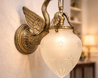 Vintage Art Nouveau Swan Wall Sconce | Brass Antique Lamp with Star Glass Shade