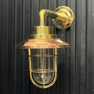 Brass Bulkhead Wall Sconce with Copper Shade | Nautical Cage Light Fixture | Bedroom Hallway Lighting