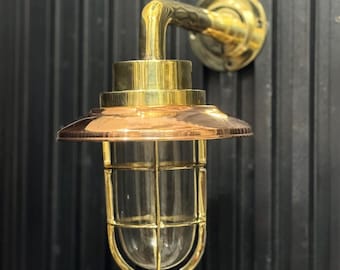 Brass Bulkhead Wall Sconce with Copper Shade | Nautical Cage Light Fixture | Bedroom Hallway Lighting