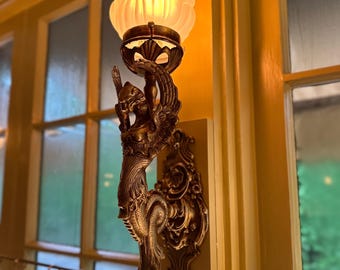 Art Nouveau Brass Mermaid Wall Sconce | Flame Glass Shade | Vintage Deco Light Fixture