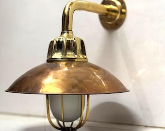 Handcrafted Brass Bulkhead Wall Light | Marine Copper Dome Shade | Frosted Glass Vintage Nautical Lamp