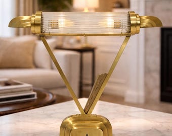 Vintage Art Deco Brass Table Lamp | Glass Rod Desk Light | Skyscraper Style Lighting Fixture
