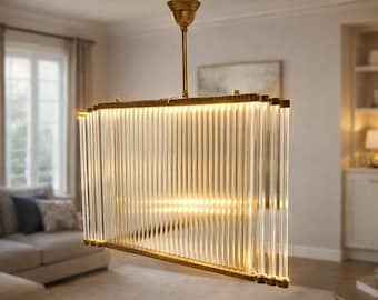 Skyscraper Art Deco Brass Glass Rod Chandelier | Vintage Triangle Ceiling Hanging Light Fixture