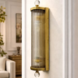 Art Deco Wall Lamp | Vintage Bulkhead Brass Fixture with Glass Rods | Handmade Wall Sconce