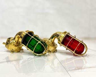 Brass Industrial Bulkhead Cage Wall Sconce Pair Red Green Glass Vintage Retro Lighting Decor