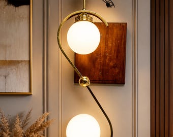 Bauhaus Brass Pendant Light Pair, Milk Glass Globe Ceiling Fixture, Mid Century Modern Decor