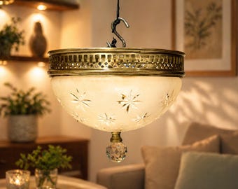 Rare Art Deco Lighting Chandelier 5 PCS Vintage Brass Hanging Light Star Cut Glass