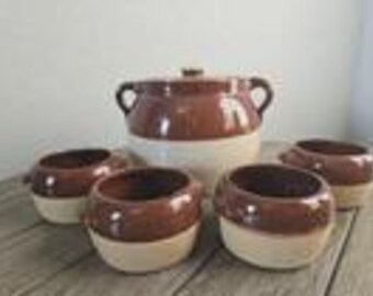 Vintage Brown & Cream Stoneware Double Handle Bean Pot w/4 Matching Bowls Rustic Primitive