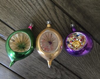 Vintage Mercury Glass Teardrop Indented Starburst Reflectors Abstract Christmas Ornaments Retro