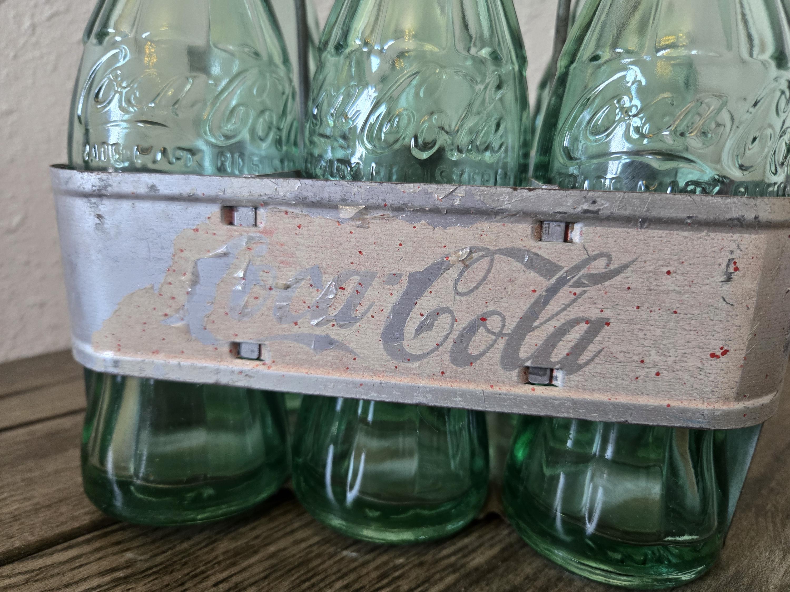 Vintage Coca Cola 6 Bottle Carrier With Glass Bottles, Metal Soda