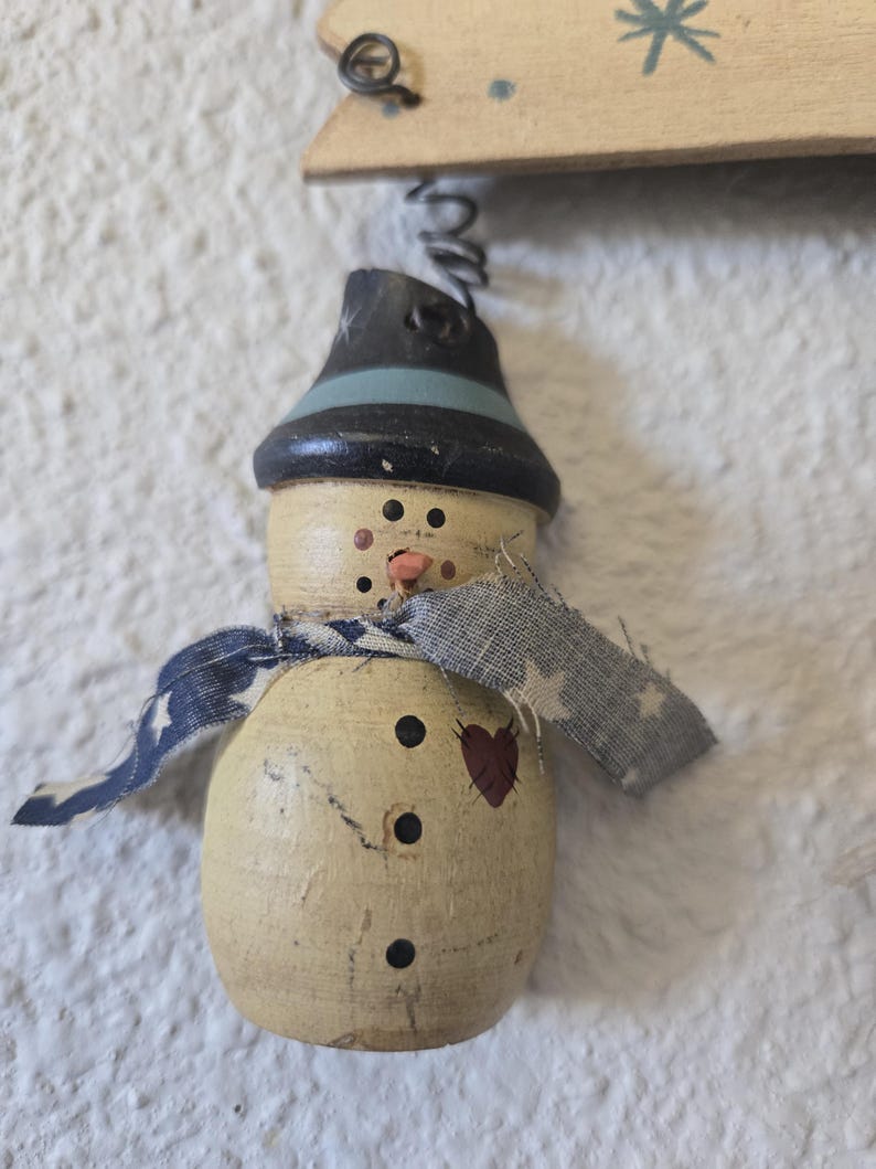 Wood "Let It Snow" Wall Sign w/Three Dangling Snowmen and Scarves 7" Primitive Rustic Winter image 4