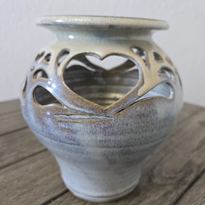 Handthrown Pottery Candle Holder Luminary w/Heart Cutouts Blue Tan Glazed 6" Mother's Day Gift