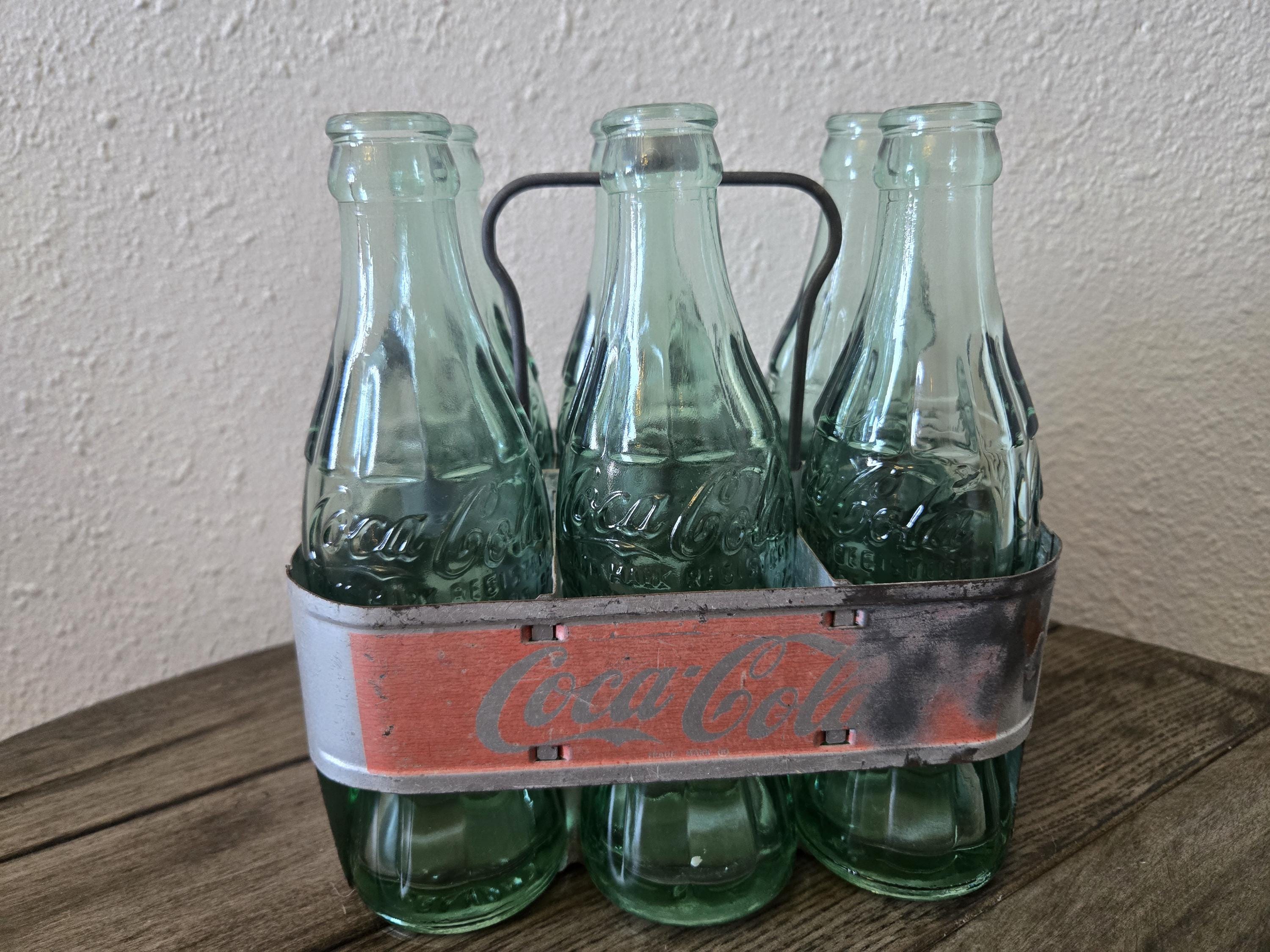 Vintage Coca Cola 6 Bottle Carrier With Glass Bottles, Metal Soda