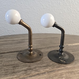 Vintage Brass and Porcelain Ball Wall Hooks Set of 2, Ceramic Knob Coat Hanger, Antique Farmhouse Towel Rack, Cottagecore Wall Mount
